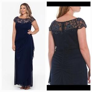 XSCAPE MESH GOWN Size 14W Navy Blue Plus Size DRESS
